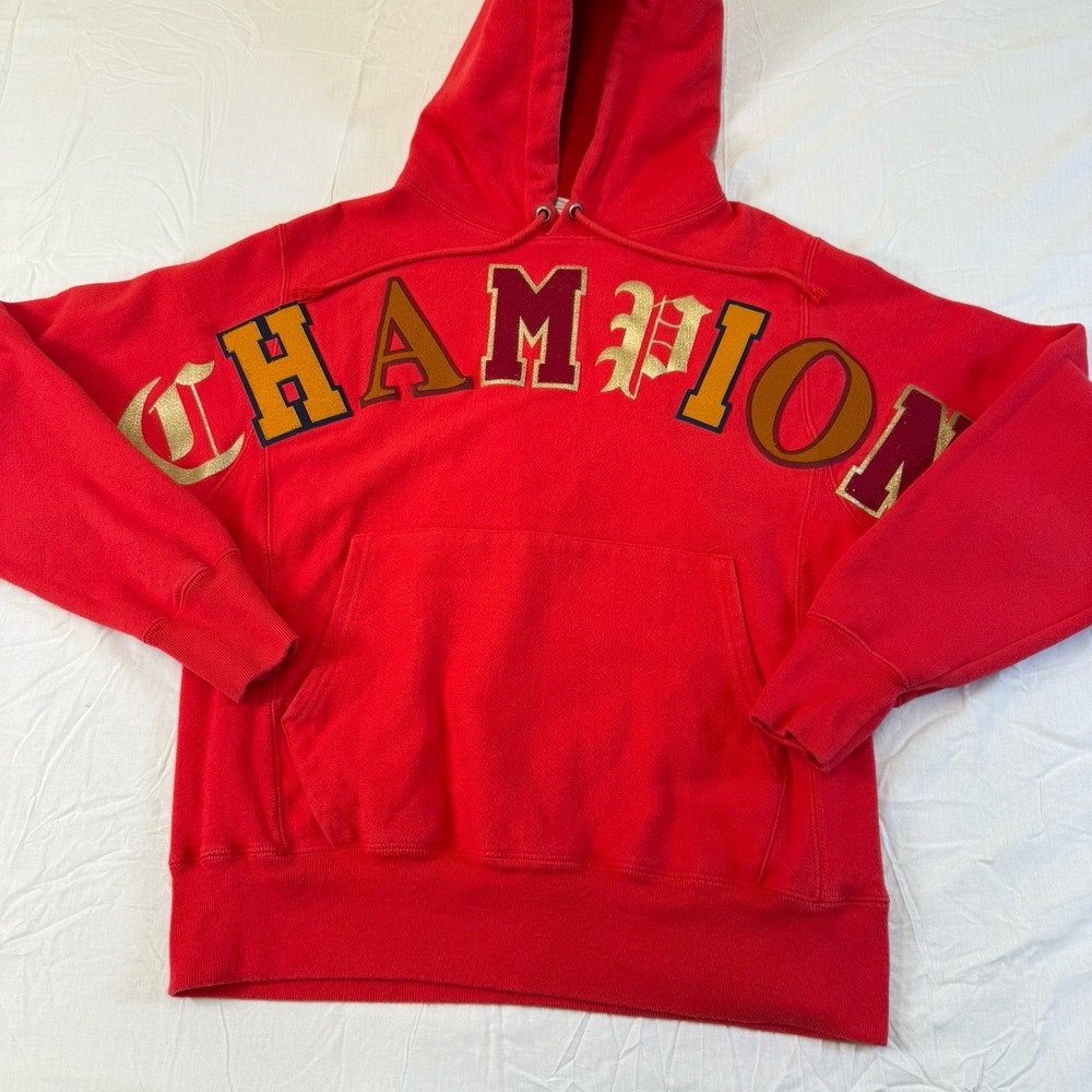 Vintage 90S Champion Cotton Weave Hoodie Men's Or women's Embroidered Y2K Red - Picture 3 of 16